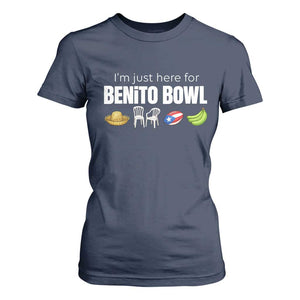 I'm Just Here for the Benito Bowl Funny Puerto Rican Game Day T Shirt For Women Plantains Chairs and Flag Music Fans TS02 Navy Print Your Wear