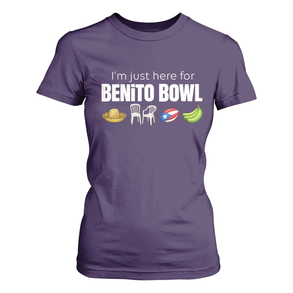 I'm Just Here for the Benito Bowl Funny Puerto Rican Game Day T Shirt For Women Plantains Chairs and Flag Music Fans TS02 Purple Print Your Wear
