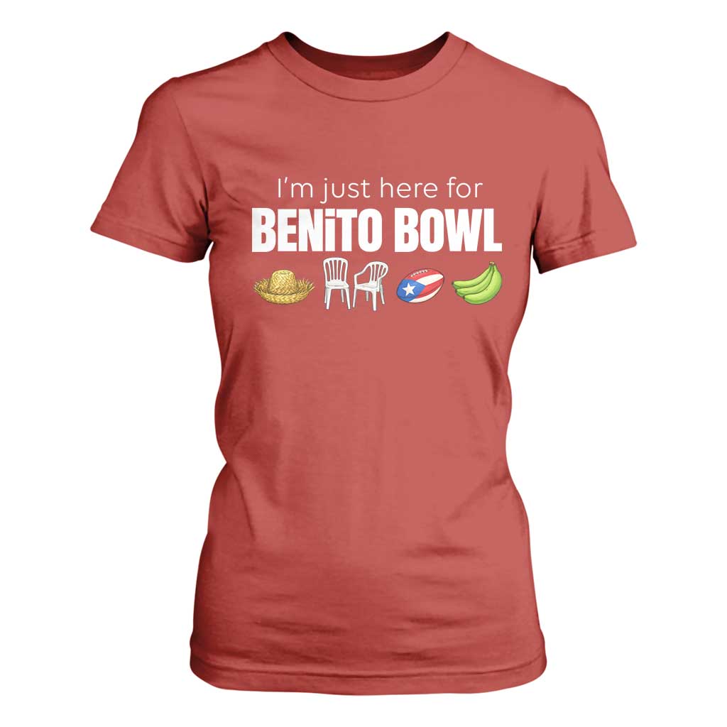 I'm Just Here for the Benito Bowl Funny Puerto Rican Game Day T Shirt For Women Plantains Chairs and Flag Music Fans TS02 Red Print Your Wear