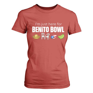I'm Just Here for the Benito Bowl Funny Puerto Rican Game Day T Shirt For Women Plantains Chairs and Flag Music Fans TS02 Red Print Your Wear