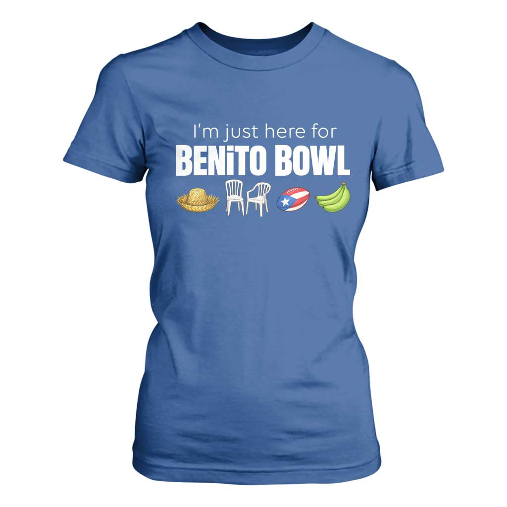 I'm Just Here for the Benito Bowl Funny Puerto Rican Game Day T Shirt For Women Plantains Chairs and Flag Music Fans TS02 Royal Blue Print Your Wear