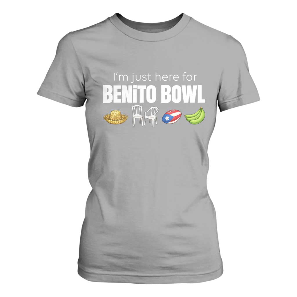 I'm Just Here for the Benito Bowl Funny Puerto Rican Game Day T Shirt For Women Plantains Chairs and Flag Music Fans TS02 Sport Gray Print Your Wear
