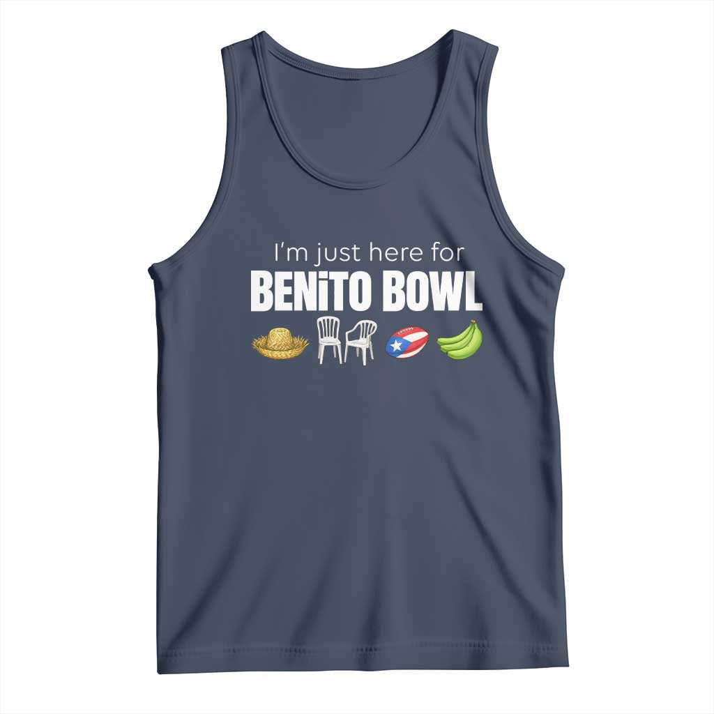 I'm Just Here for the Benito Bowl Funny Puerto Rican Game Day Tank Top Plantains Chairs and Flag Music Fans TS02 Navy Print Your Wear