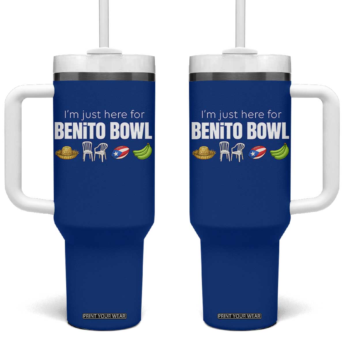 I'm Just Here for the Benito Bowl Funny Puerto Rican Game Day Tumbler With Handle Plantains Chairs and Flag Music Fans TS02 One Size: 40 oz Royal Blue Print Your Wear
