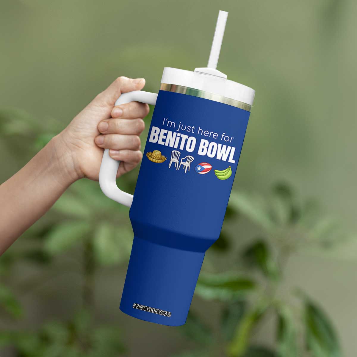 I'm Just Here for the Benito Bowl Funny Puerto Rican Game Day Tumbler With Handle Plantains Chairs and Flag Music Fans TS02 Print Your Wear