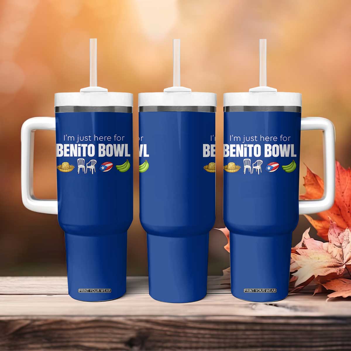I'm Just Here for the Benito Bowl Funny Puerto Rican Game Day Tumbler With Handle Plantains Chairs and Flag Music Fans TS02 Print Your Wear