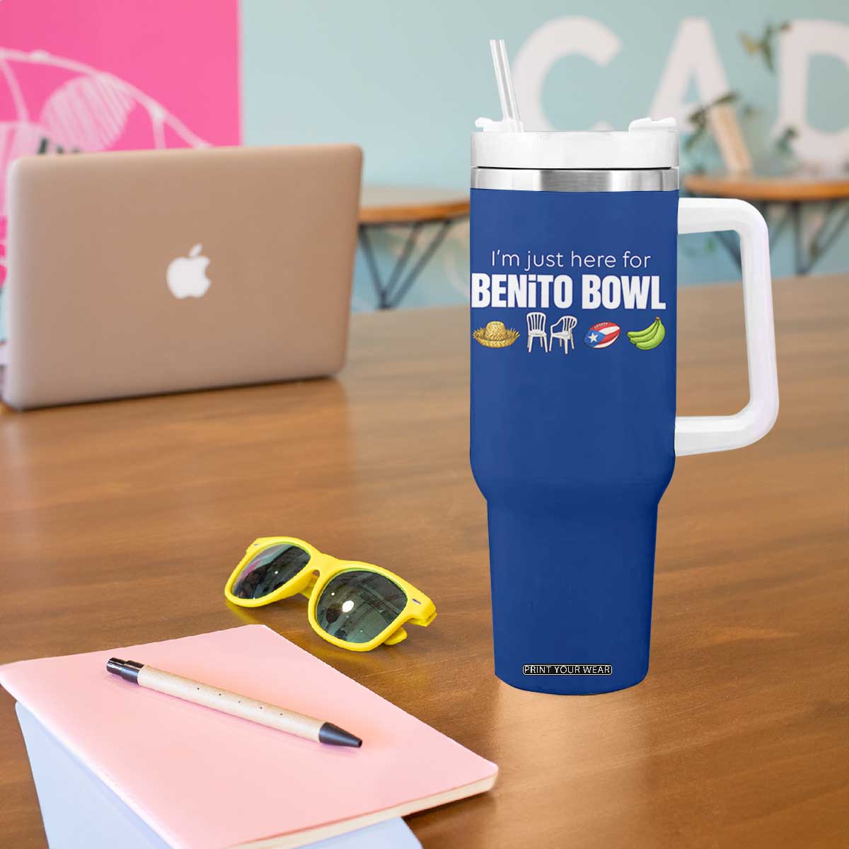 I'm Just Here for the Benito Bowl Funny Puerto Rican Game Day Tumbler With Handle Plantains Chairs and Flag Music Fans TS02 Print Your Wear