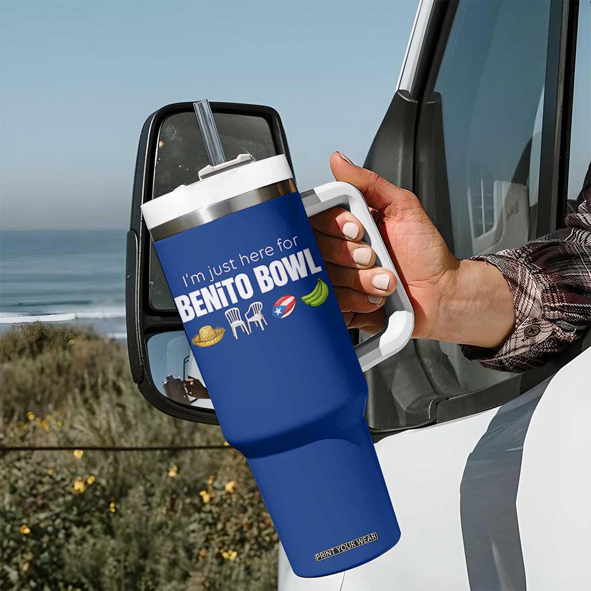I'm Just Here for the Benito Bowl Funny Puerto Rican Game Day Tumbler With Handle Plantains Chairs and Flag Music Fans TS02 Print Your Wear