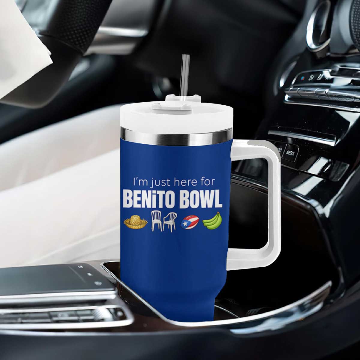 I'm Just Here for the Benito Bowl Funny Puerto Rican Game Day Tumbler With Handle Plantains Chairs and Flag Music Fans TS02 Print Your Wear