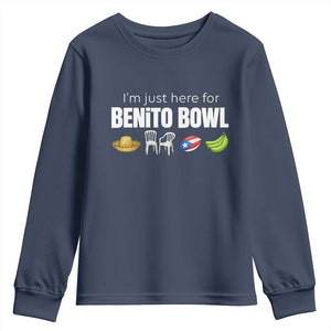 I'm Just Here for the Benito Bowl Funny Puerto Rican Game Day Youth Sweatshirt Plantains Chairs and Flag Music Fans TS02 Navy Print Your Wear