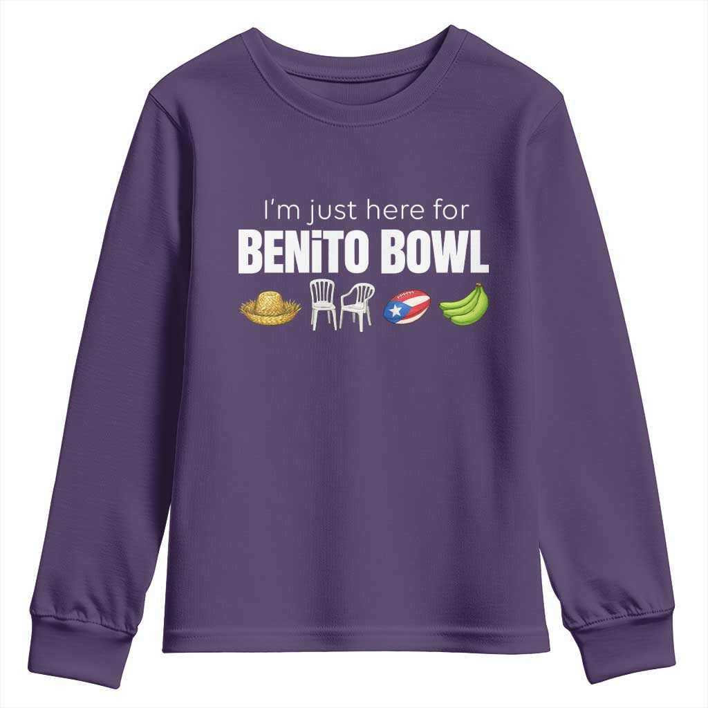 I'm Just Here for the Benito Bowl Funny Puerto Rican Game Day Youth Sweatshirt Plantains Chairs and Flag Music Fans TS02 Purple Print Your Wear