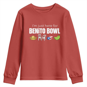 I'm Just Here for the Benito Bowl Funny Puerto Rican Game Day Youth Sweatshirt Plantains Chairs and Flag Music Fans TS02 Red Print Your Wear