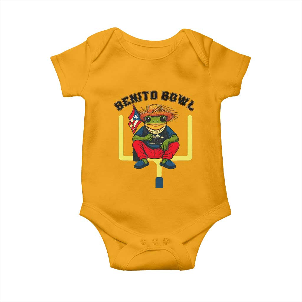 Benito Bowl Coquí Frog Football Baby Onesie Funny Puerto Rico Flag Game Day Music Fans TS02 Gold Print Your Wear