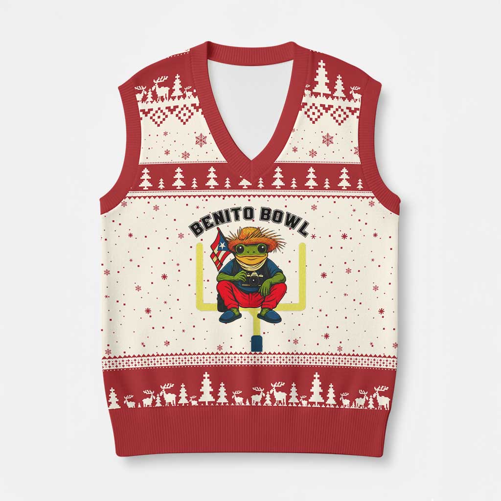 Benito Bowl Coquí Frog Football V-Neck Knit Sweater Vest Funny Puerto Rico Flag Game Day Music Fans TS02 Beige Red Print Your Wear