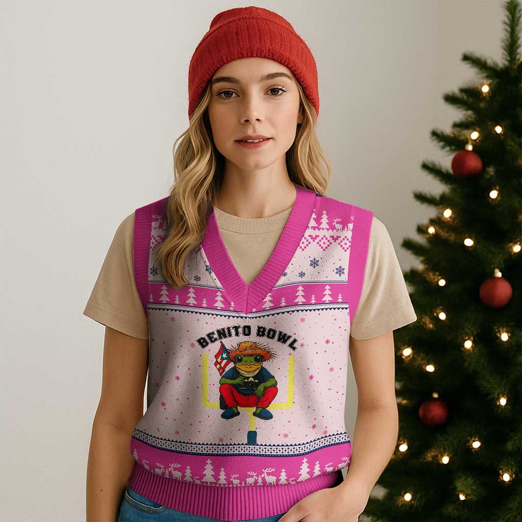 Benito Bowl Coquí Frog Football V-Neck Knit Sweater Vest Funny Puerto Rico Flag Game Day Music Fans TS02 Print Your Wear