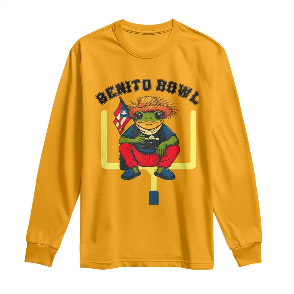 Benito Bowl Coquí Frog Football Long Sleeve Shirt Funny Puerto Rico Flag Game Day Music Fans TS02 Gold Print Your Wear