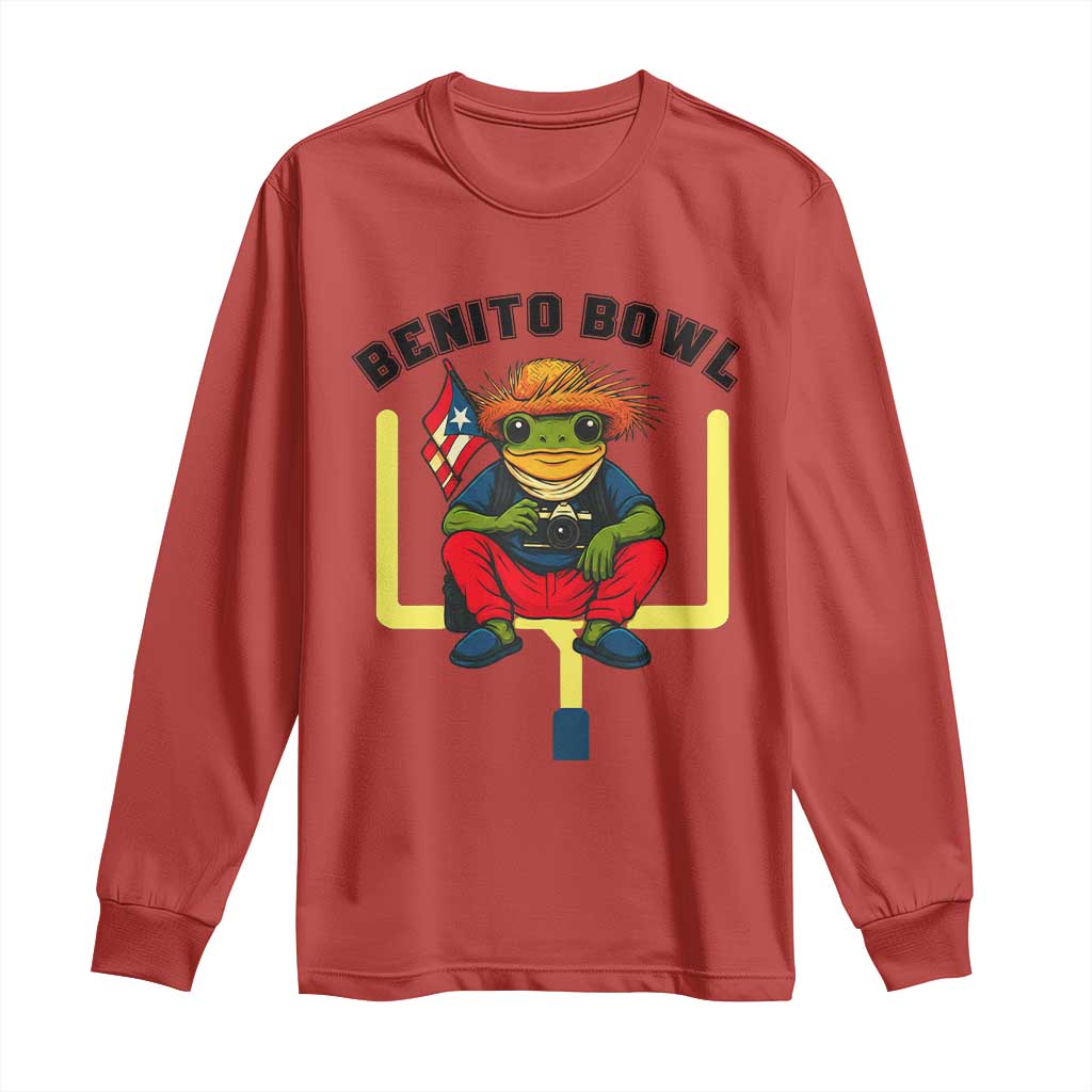 Benito Bowl Coquí Frog Football Long Sleeve Shirt Funny Puerto Rico Flag Game Day Music Fans TS02 Red Print Your Wear