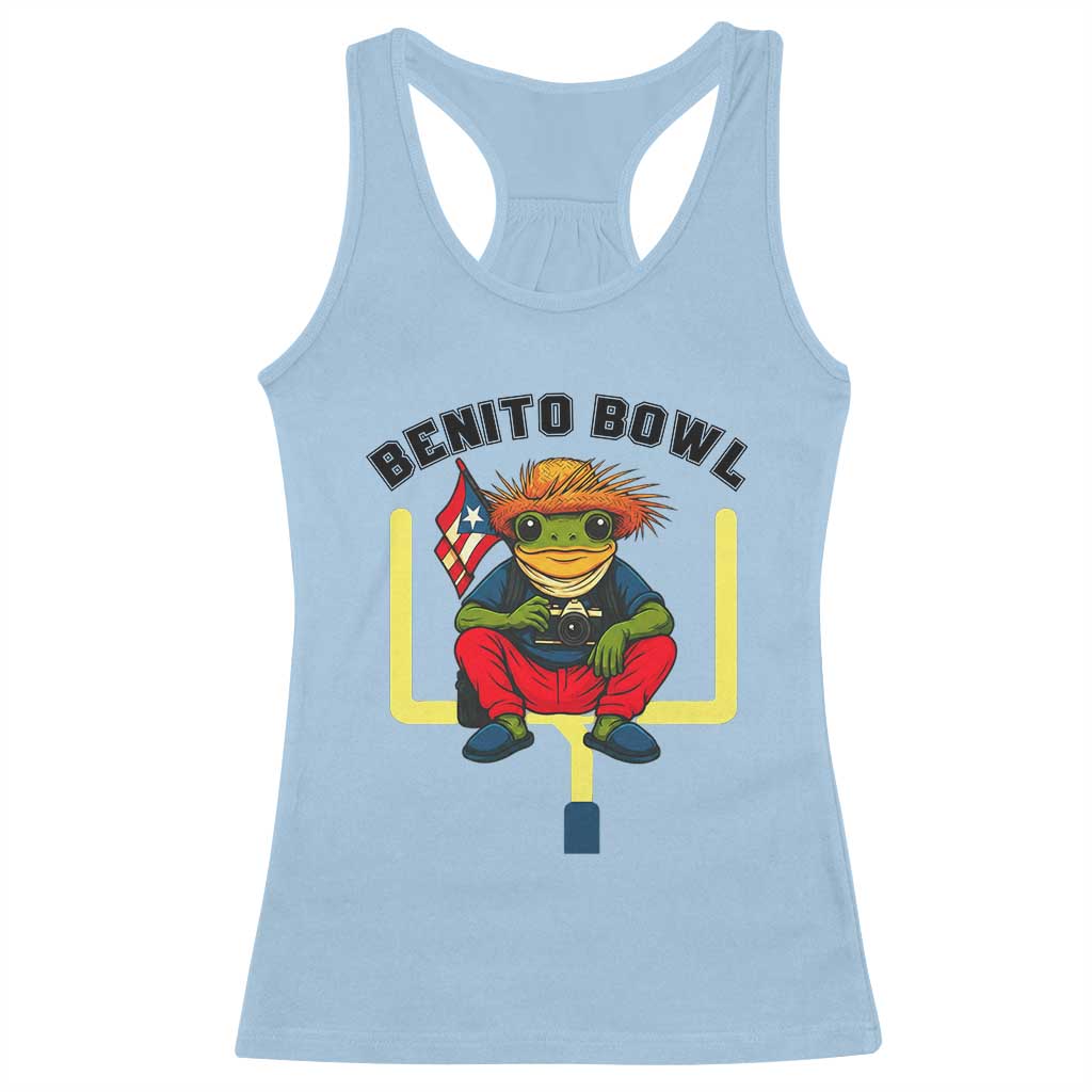 Benito Bowl Coquí Frog Football Racerback Tank Top Funny Puerto Rico Flag Game Day Music Fans TS02 Light Blue Print Your Wear