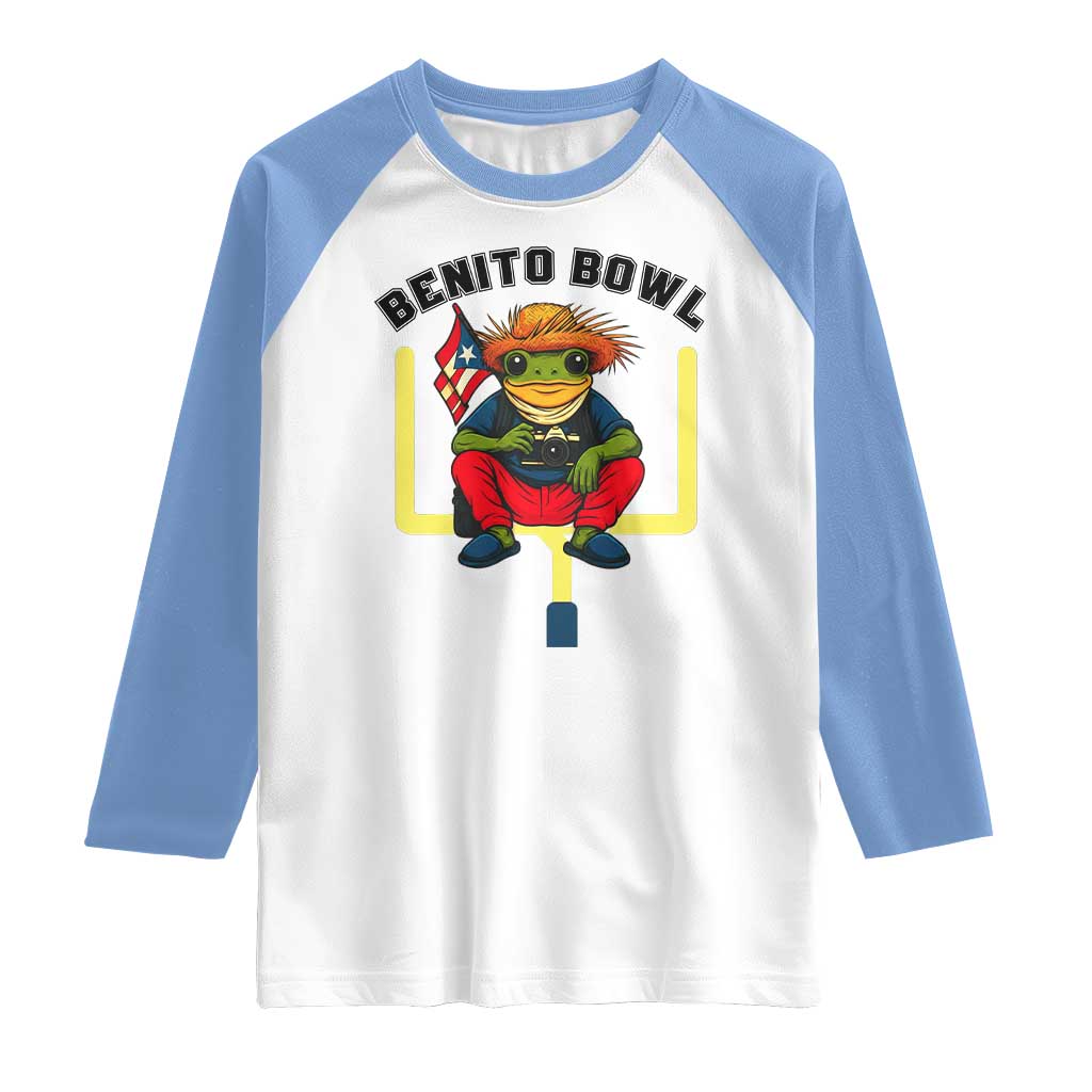 Benito Bowl Coquí Frog Football Raglan Shirt Funny Puerto Rico Flag Game Day Music Fans TS02 White Carolina Blue Print Your Wear