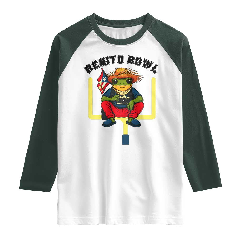 Benito Bowl Coquí Frog Football Raglan Shirt Funny Puerto Rico Flag Game Day Music Fans TS02 White Dark Forest Green Print Your Wear