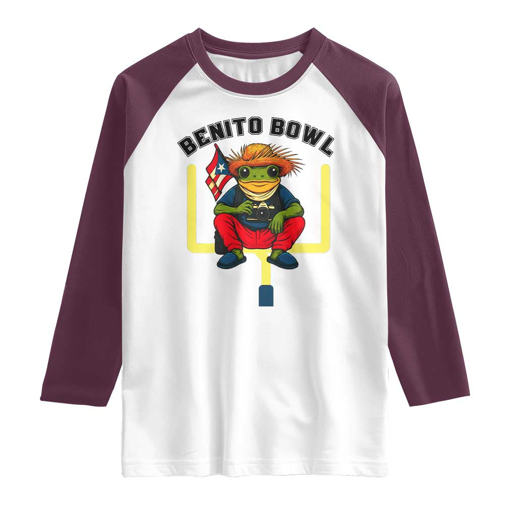 Benito Bowl Coquí Frog Football Raglan Shirt Funny Puerto Rico Flag Game Day Music Fans TS02 White Maroon Print Your Wear