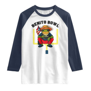 Benito Bowl Coquí Frog Football Raglan Shirt Funny Puerto Rico Flag Game Day Music Fans TS02 White Navy Print Your Wear