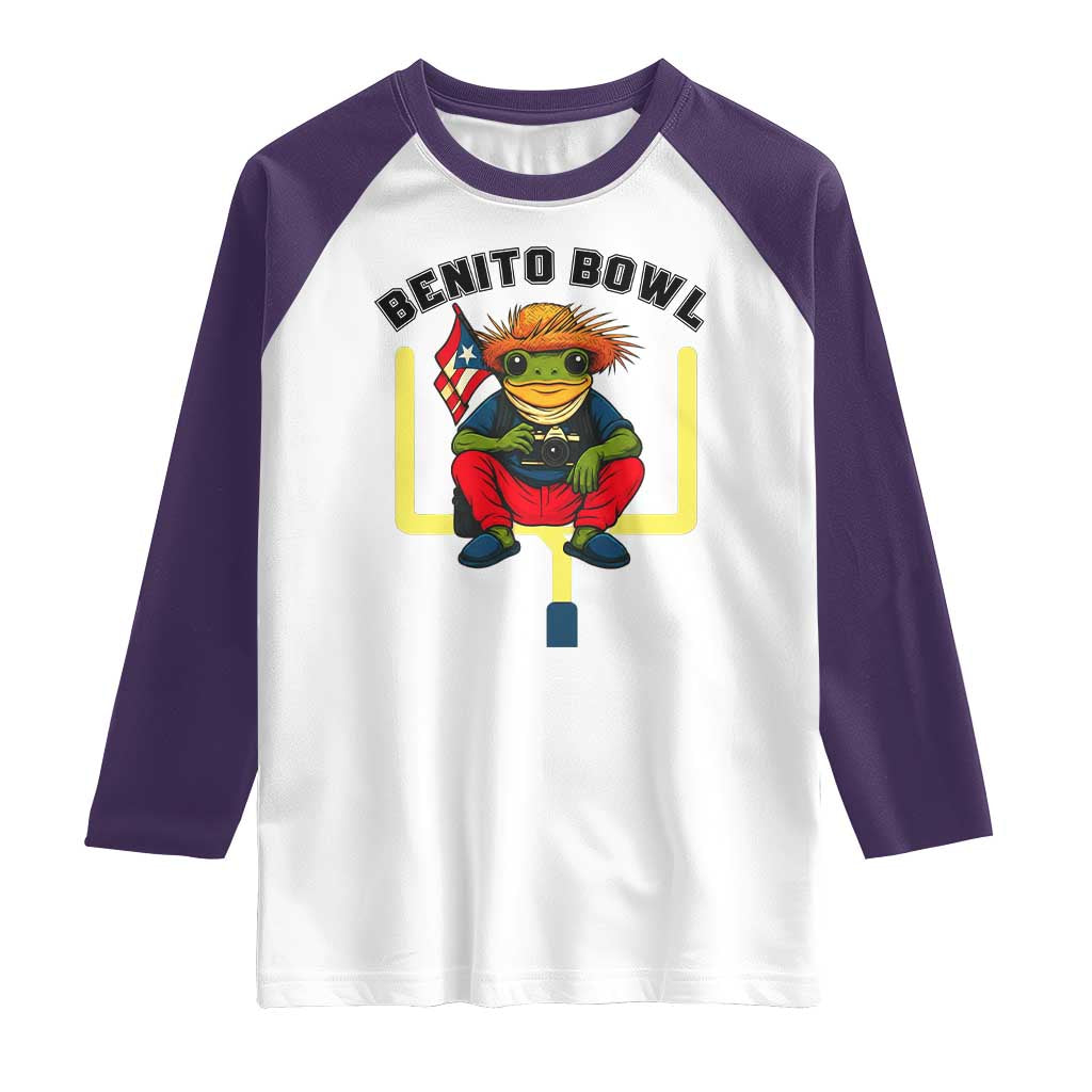Benito Bowl Coquí Frog Football Raglan Shirt Funny Puerto Rico Flag Game Day Music Fans TS02 White Purple Print Your Wear