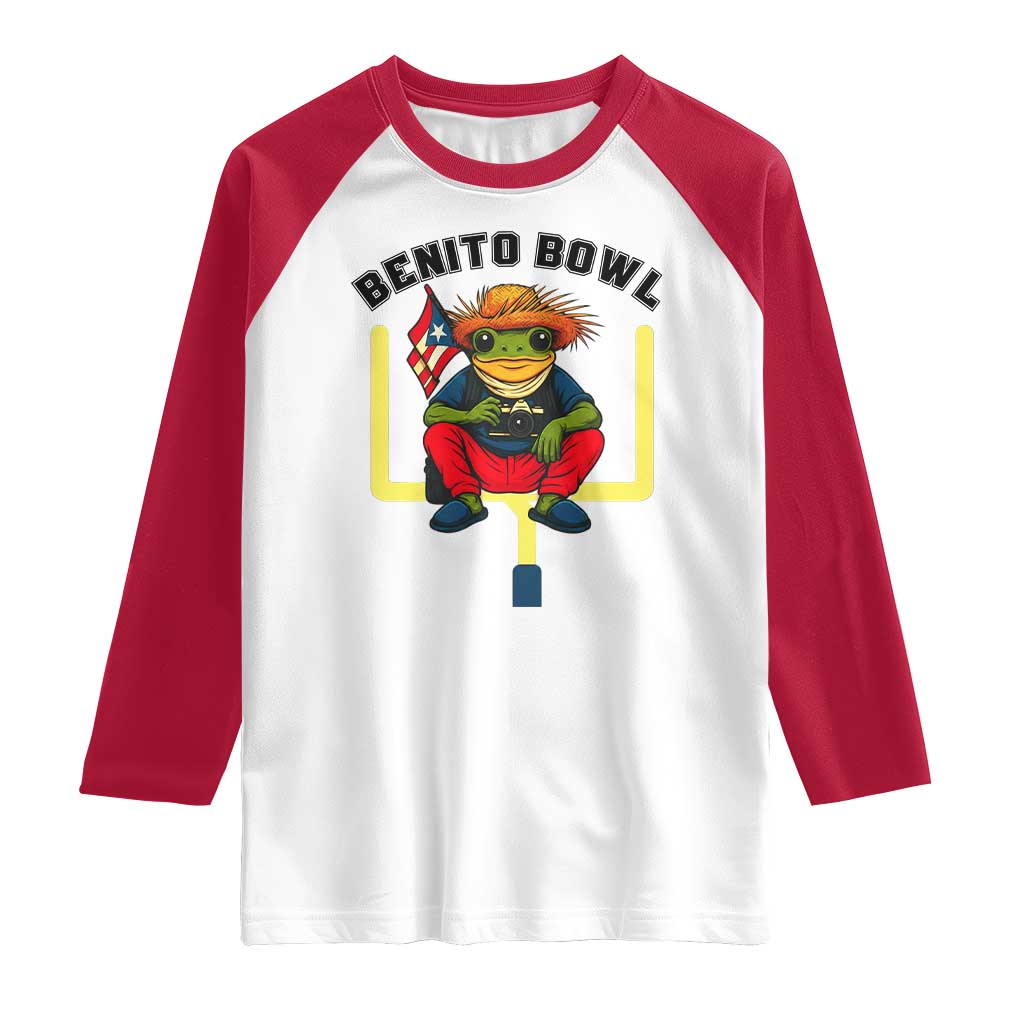 Benito Bowl Coquí Frog Football Raglan Shirt Funny Puerto Rico Flag Game Day Music Fans TS02 White Red Print Your Wear