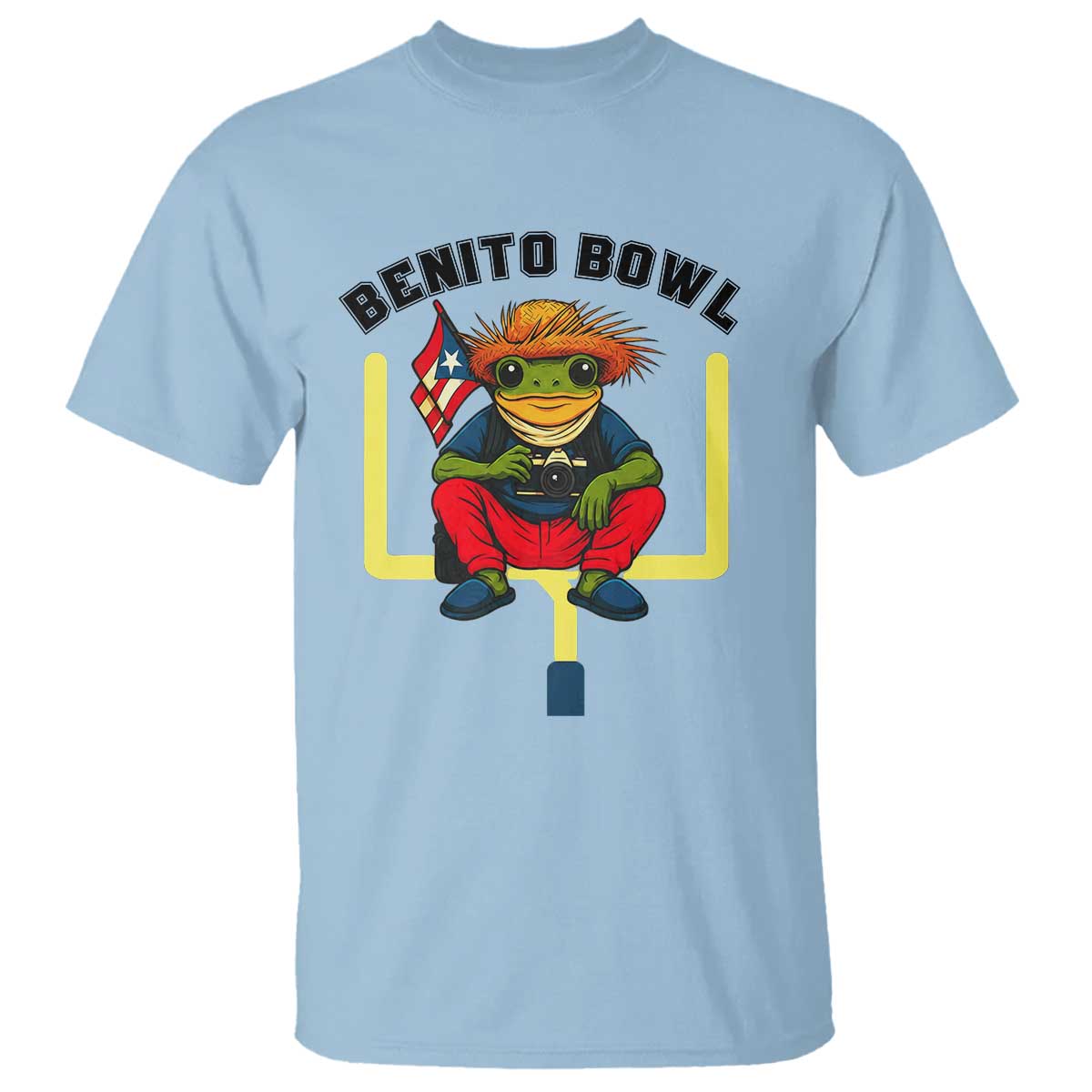 Benito Bowl Coquí Frog Football T Shirt Funny Puerto Rico Flag Game Day Music Fans TS02 Light Blue Print Your Wear