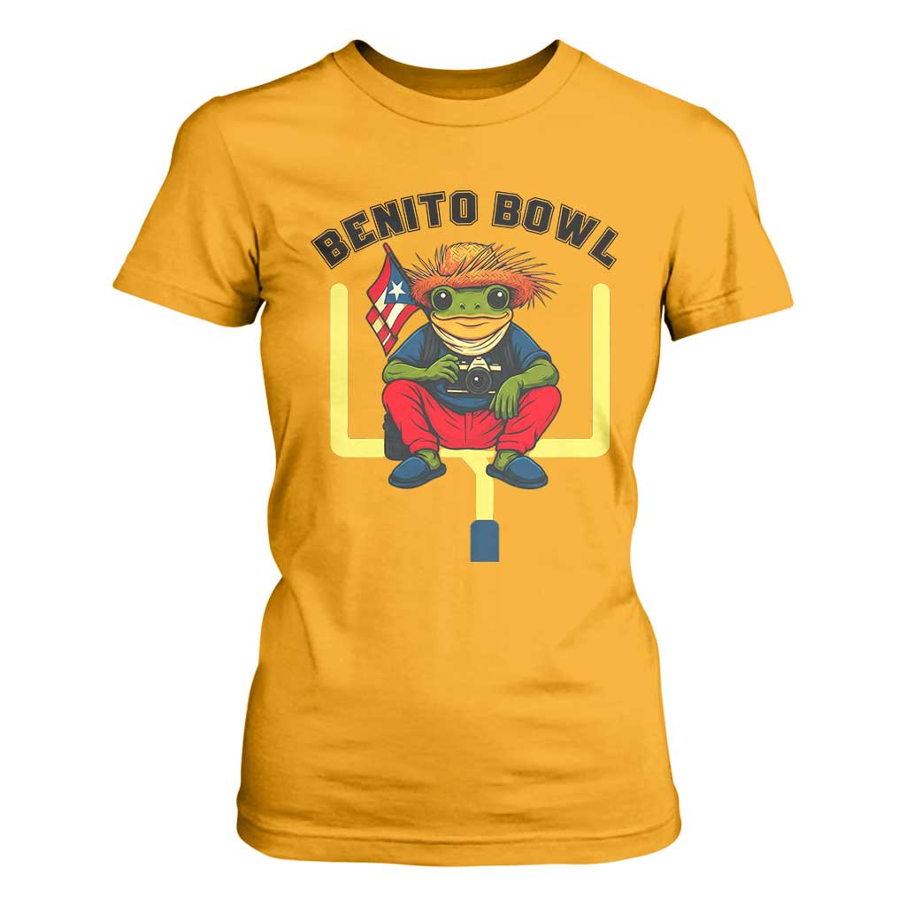 Benito Bowl Coquí Frog Football T Shirt For Women Funny Puerto Rico Flag Game Day Music Fans TS02 Gold Print Your Wear