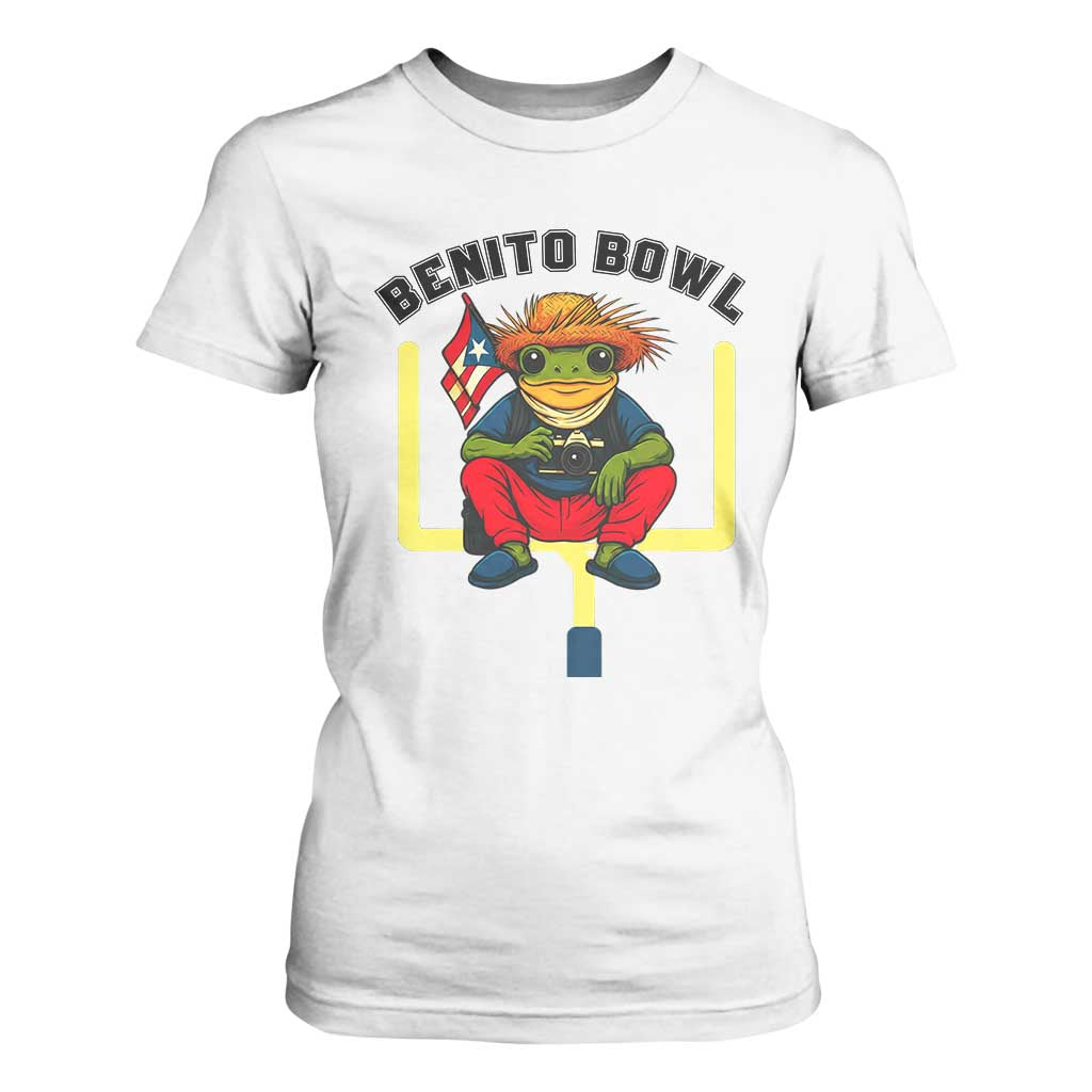 Benito Bowl Coquí Frog Football T Shirt For Women Funny Puerto Rico Flag Game Day Music Fans TS02 White Print Your Wear