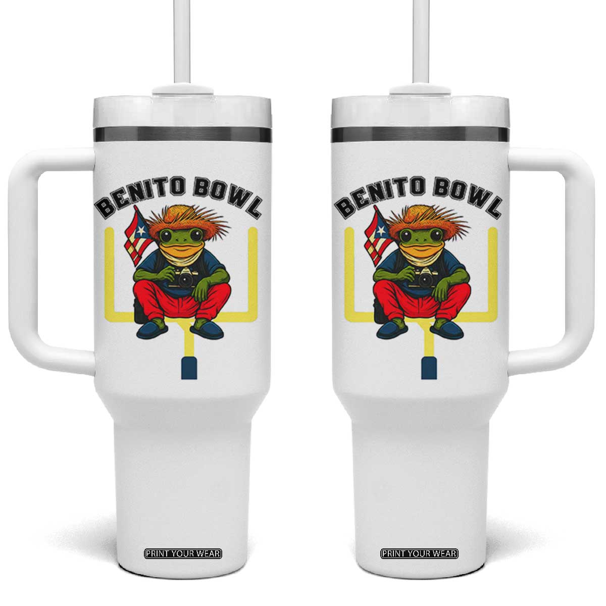 Benito Bowl Coquí Frog Football Tumbler With Handle Funny Puerto Rico Flag Game Day Music Fans TS02 One Size: 40 oz White Print Your Wear