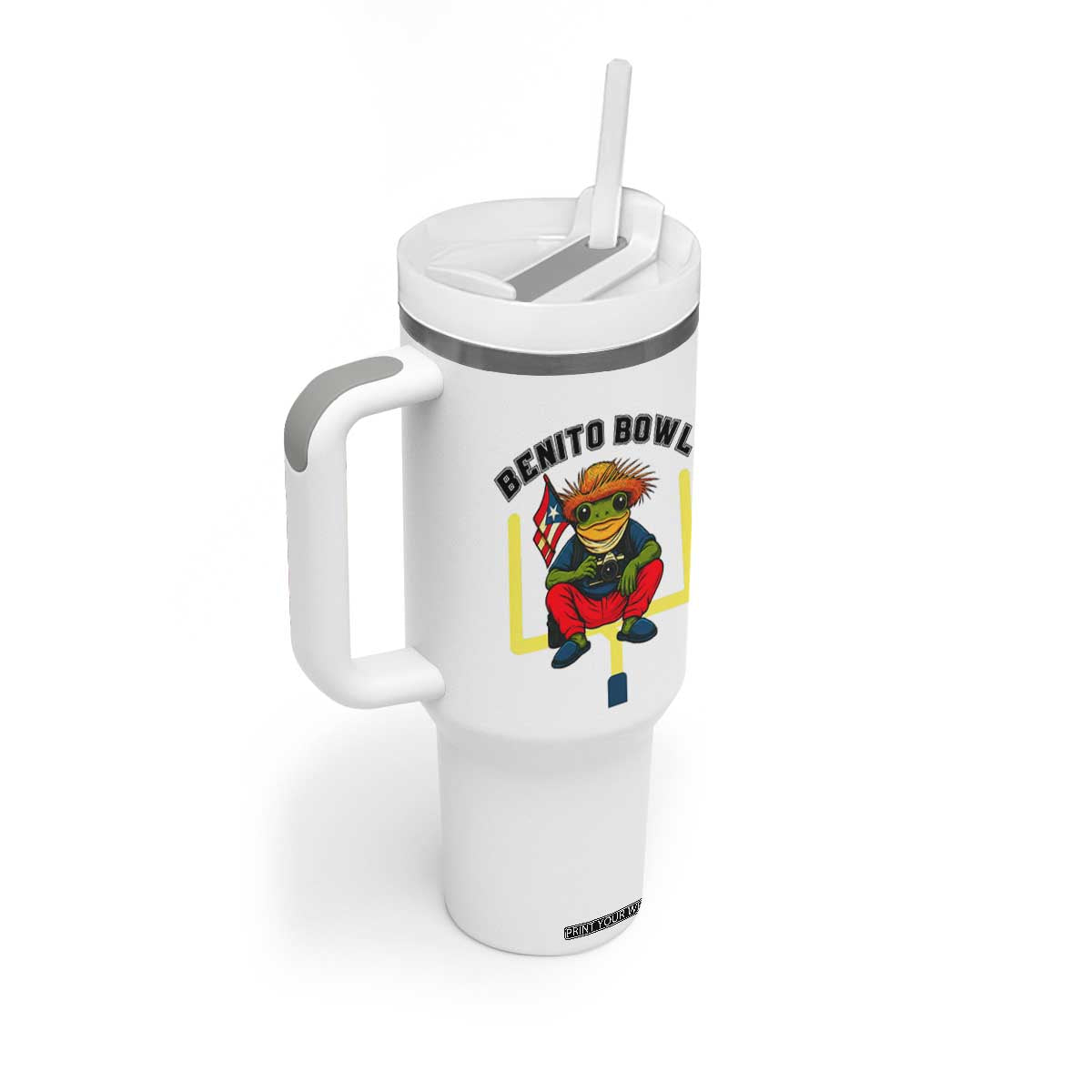 Benito Bowl Coquí Frog Football Tumbler With Handle Funny Puerto Rico Flag Game Day Music Fans TS02 Print Your Wear