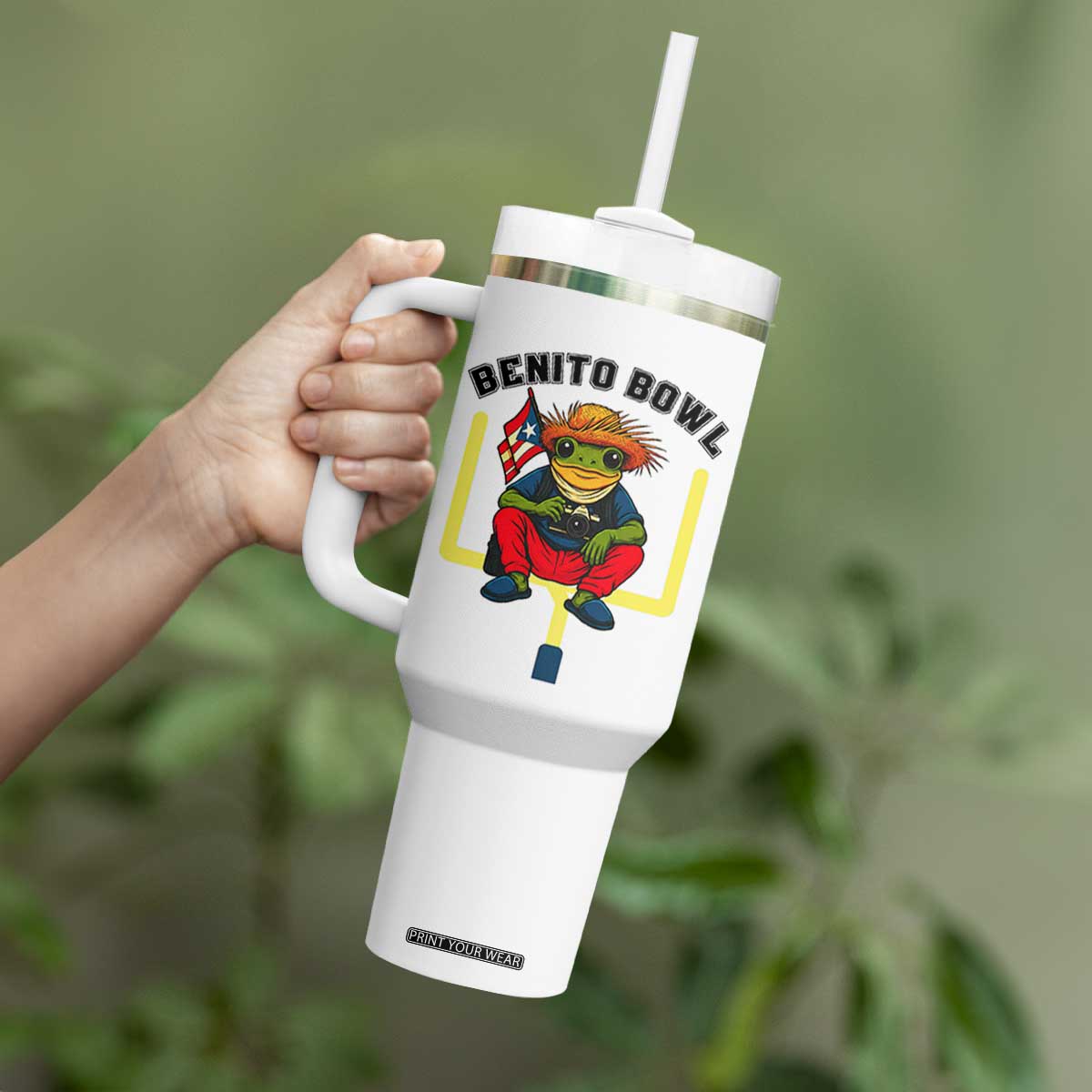 Benito Bowl Coquí Frog Football Tumbler With Handle Funny Puerto Rico Flag Game Day Music Fans TS02 Print Your Wear