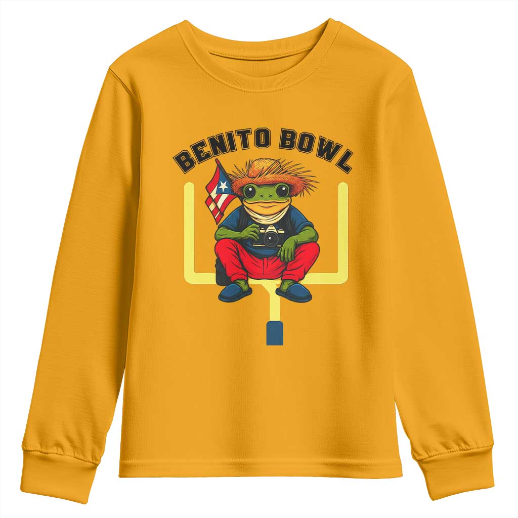 Benito Bowl Coquí Frog Football Youth Sweatshirt Funny Puerto Rico Flag Game Day Music Fans TS02 Gold Print Your Wear