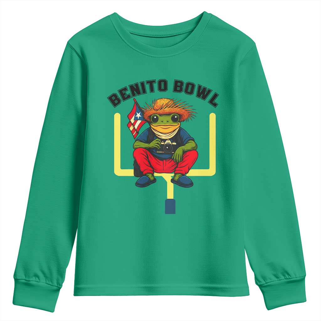 Benito Bowl Coquí Frog Football Youth Sweatshirt Funny Puerto Rico Flag Game Day Music Fans TS02 Irish Green Print Your Wear
