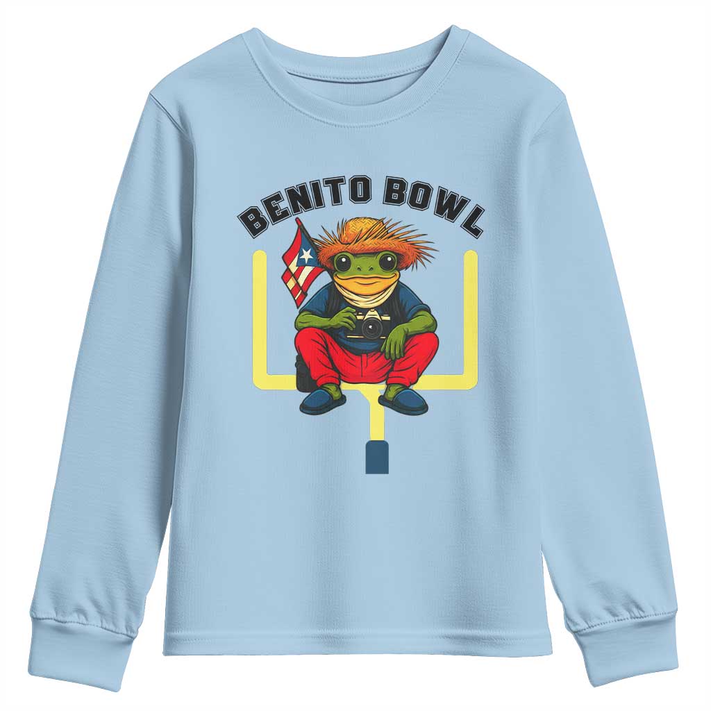 Benito Bowl Coquí Frog Football Youth Sweatshirt Funny Puerto Rico Flag Game Day Music Fans TS02 Light Blue Print Your Wear