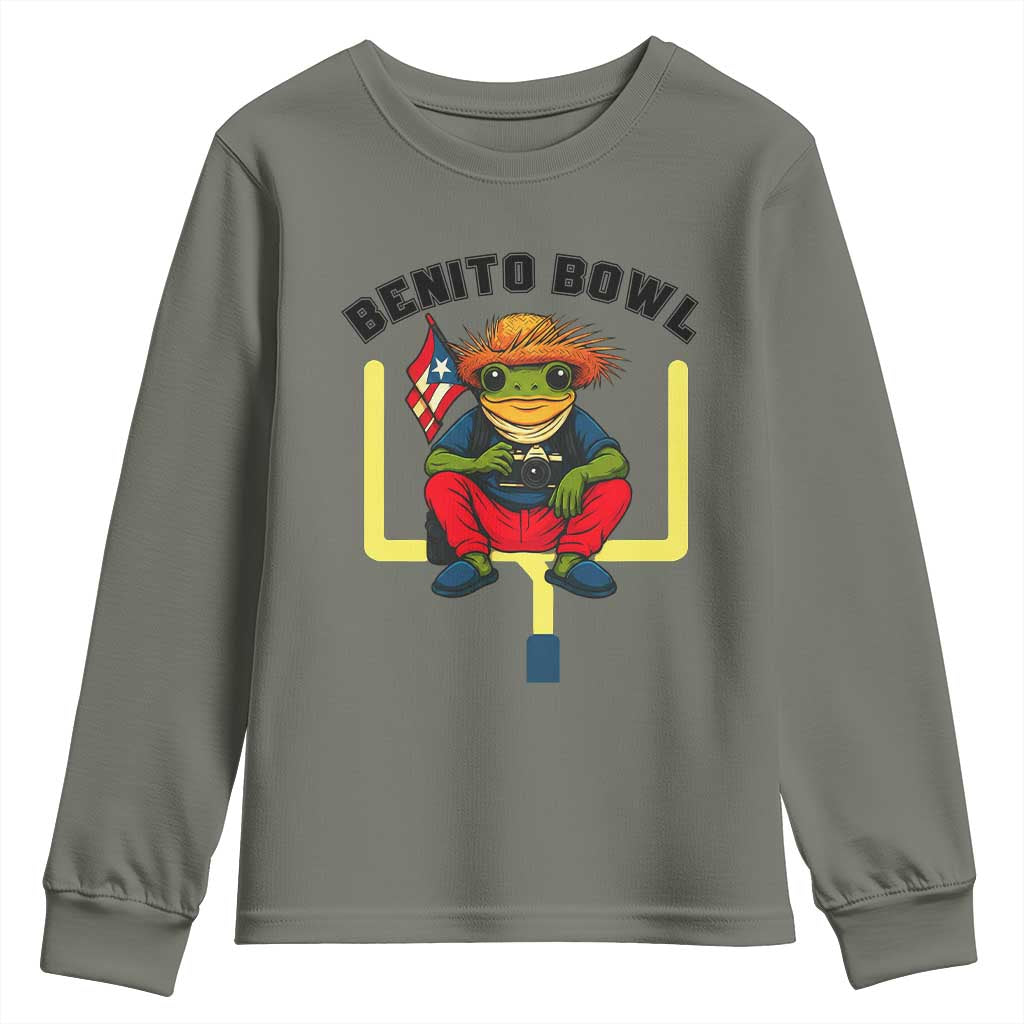 Benito Bowl Coquí Frog Football Youth Sweatshirt Funny Puerto Rico Flag Game Day Music Fans TS02 Military Green Print Your Wear