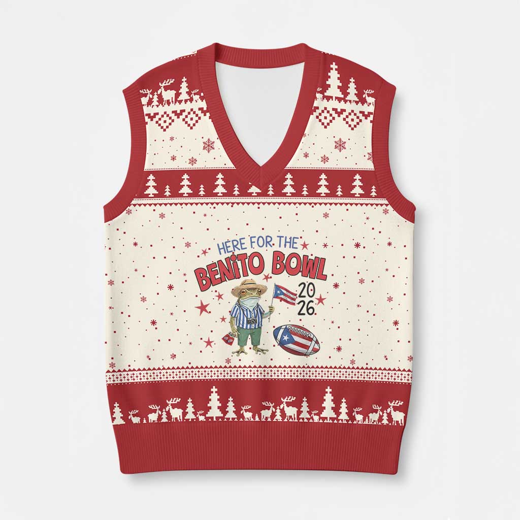 Here for the Benito Bowl 2026 Coquí Frog V-Neck Knit Sweater Vest Puerto Rican Funny Football Music Fans TS02 Beige Red Print Your Wear