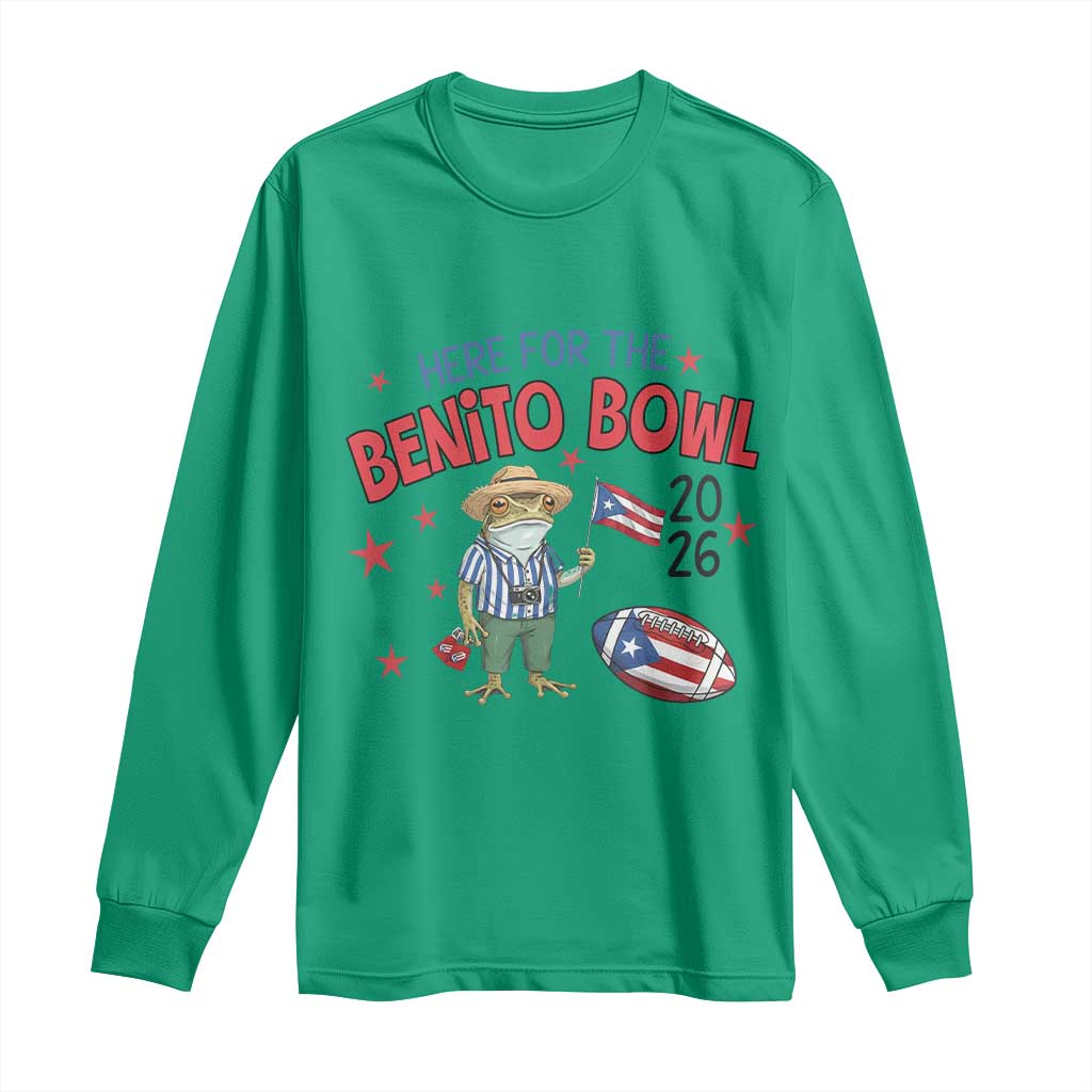 Here for the Benito Bowl 2026 Coquí Frog Long Sleeve Shirt Puerto Rican Funny Football Music Fans TS02 Irish Green Print Your Wear