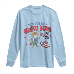 Here for the Benito Bowl 2026 Coquí Frog Long Sleeve Shirt Puerto Rican Funny Football Music Fans TS02 Light Blue Print Your Wear