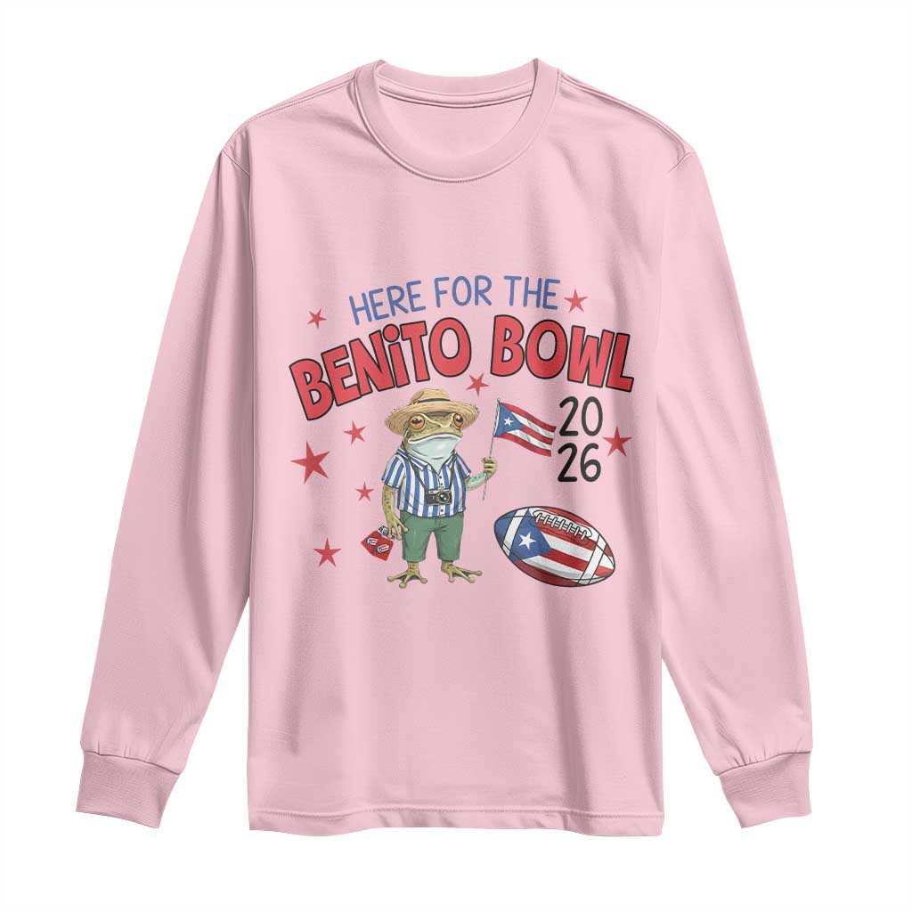 Here for the Benito Bowl 2026 Coquí Frog Long Sleeve Shirt Puerto Rican Funny Football Music Fans TS02 Light Pink Print Your Wear