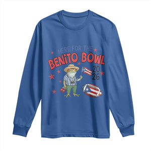 Here for the Benito Bowl 2026 Coquí Frog Long Sleeve Shirt Puerto Rican Funny Football Music Fans TS02 Royal Blue Print Your Wear