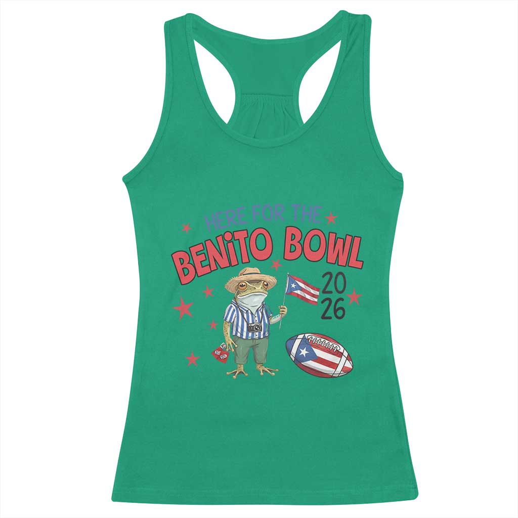 Here for the Benito Bowl 2026 Coquí Frog Racerback Tank Top Puerto Rican Funny Football Music Fans TS02 Irish Green Print Your Wear