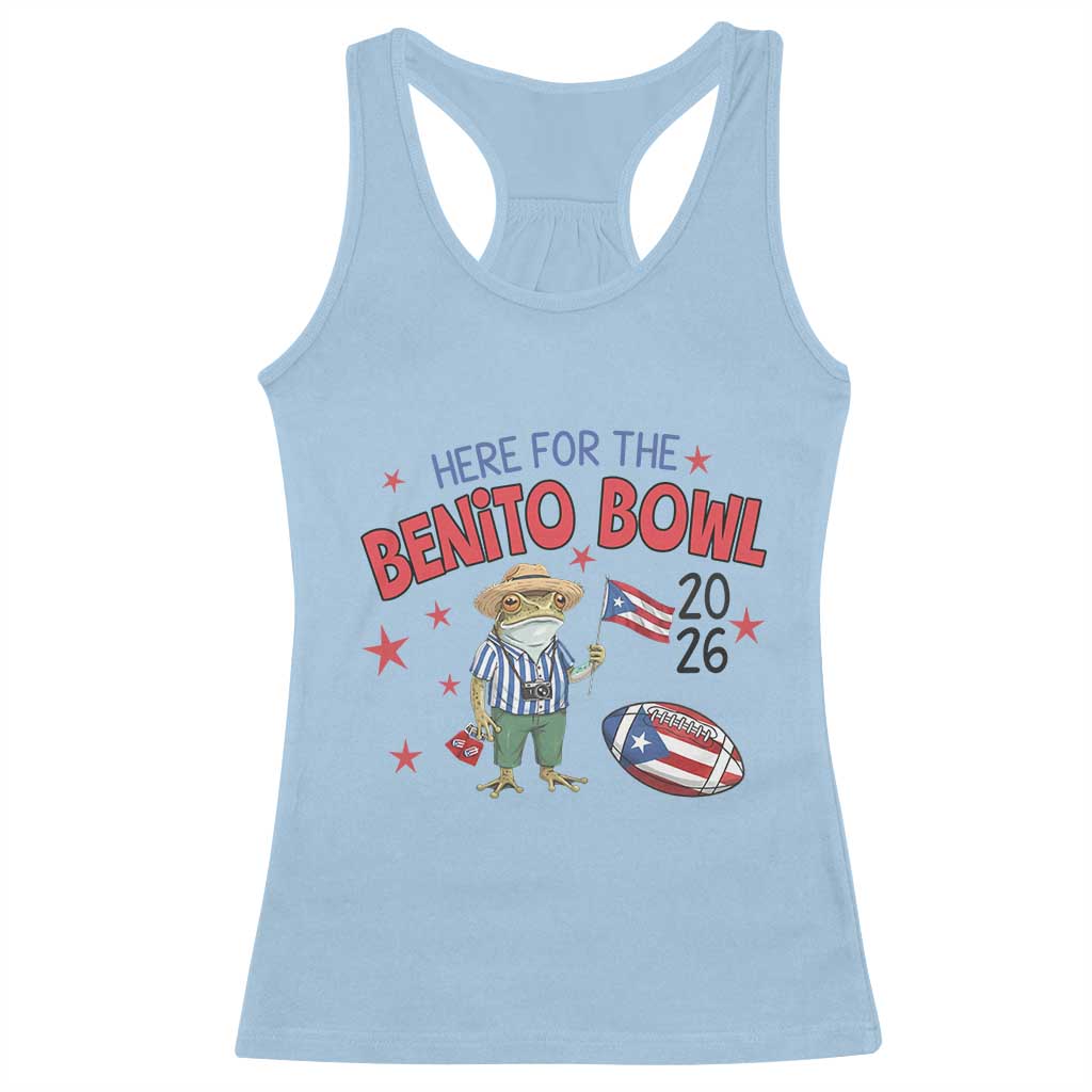 Here for the Benito Bowl 2026 Coquí Frog Racerback Tank Top Puerto Rican Funny Football Music Fans TS02 Light Blue Print Your Wear