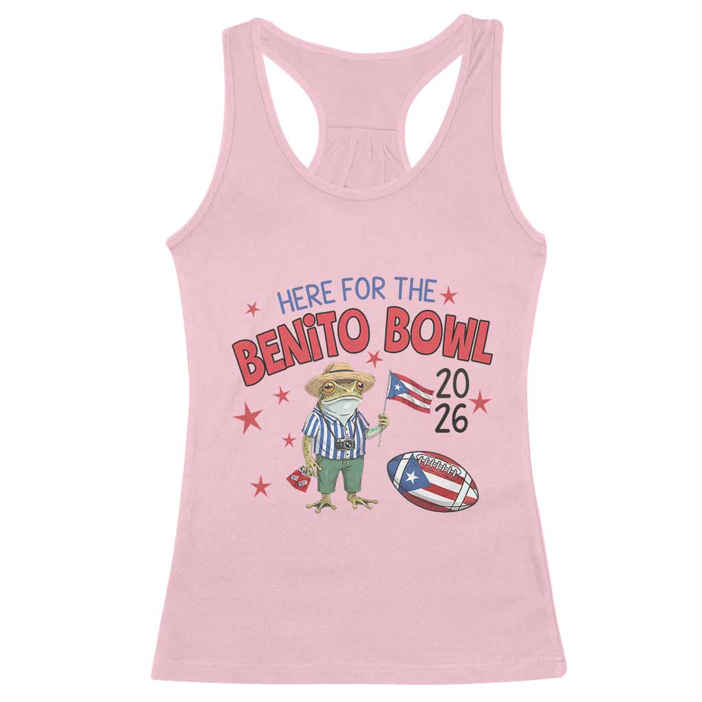 Here for the Benito Bowl 2026 Coquí Frog Racerback Tank Top Puerto Rican Funny Football Music Fans TS02 Light Pink Print Your Wear