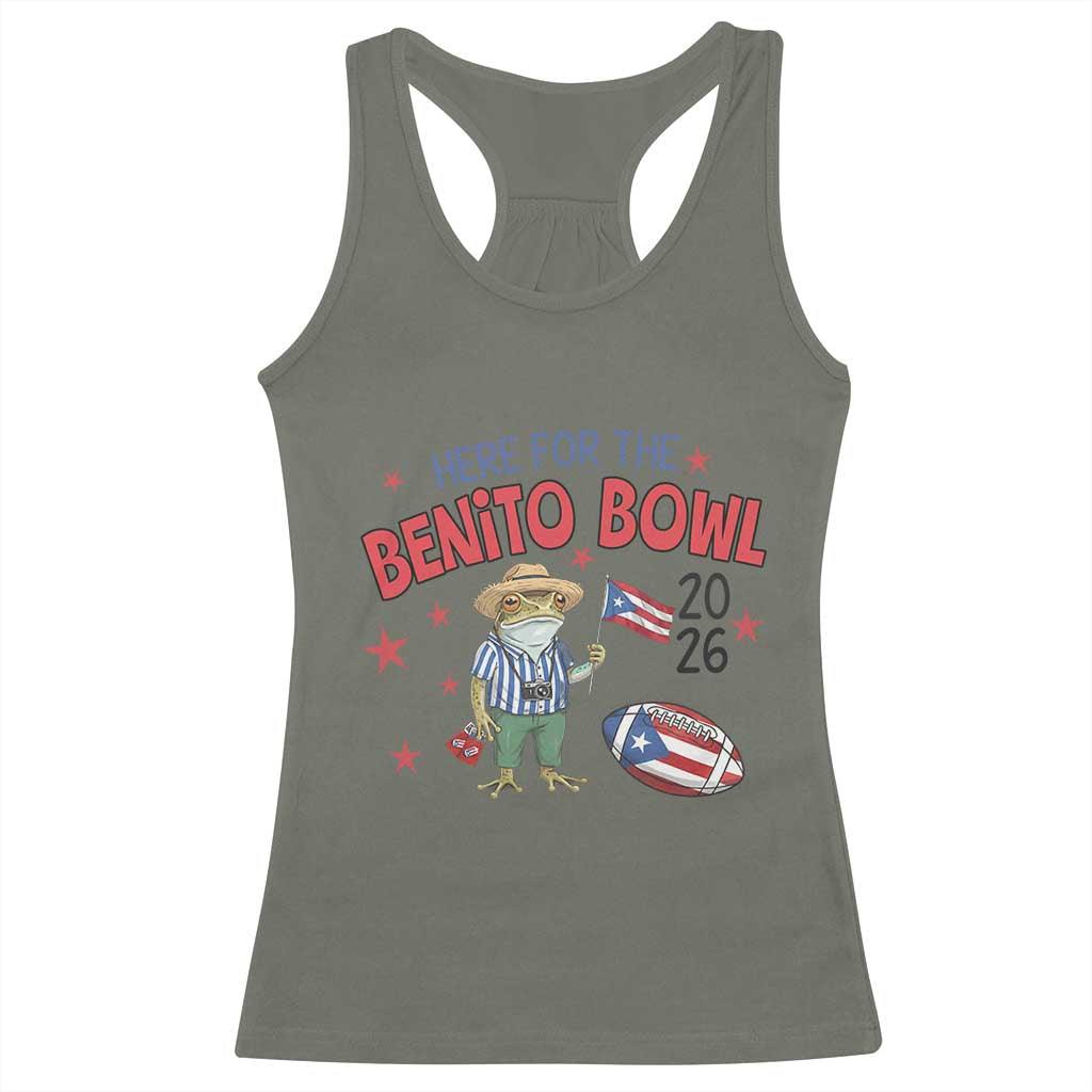 Here for the Benito Bowl 2026 Coquí Frog Racerback Tank Top Puerto Rican Funny Football Music Fans TS02 Military Green Print Your Wear