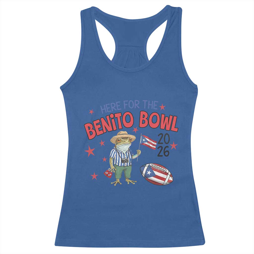 Here for the Benito Bowl 2026 Coquí Frog Racerback Tank Top Puerto Rican Funny Football Music Fans TS02 Royal Blue Print Your Wear