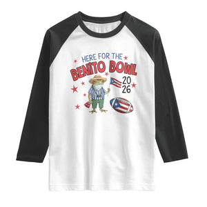 Here for the Benito Bowl 2026 Coquí Frog Raglan Shirt Puerto Rican Funny Football Music Fans TS02 White Black Print Your Wear