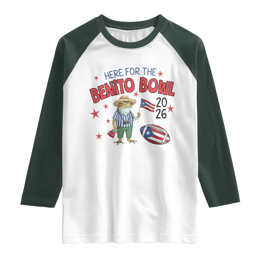 Here for the Benito Bowl 2026 Coquí Frog Raglan Shirt Puerto Rican Funny Football Music Fans TS02 White Dark Forest Green Print Your Wear